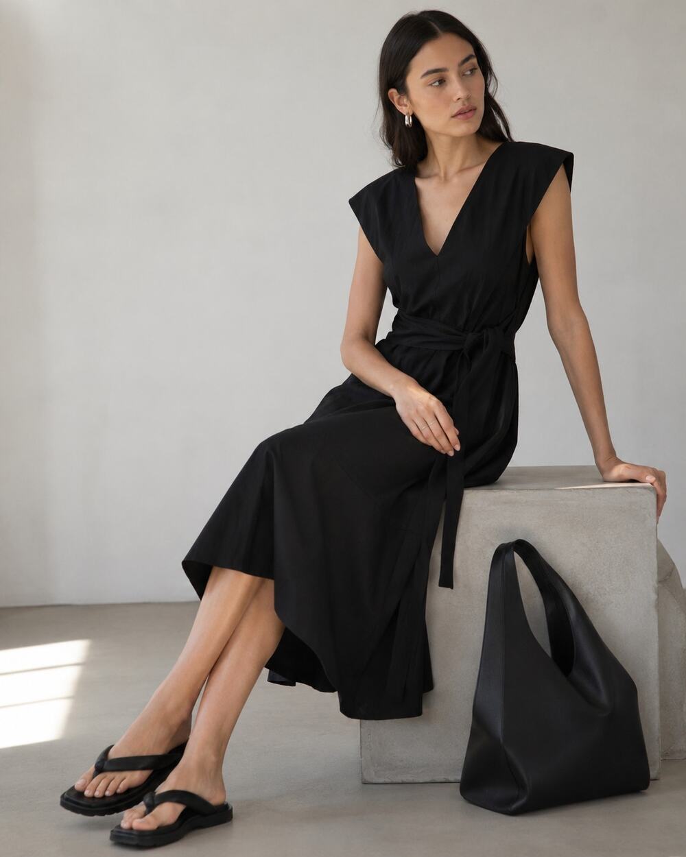 Vince Flutter-Sleeve Tie-Back Midi Dress Womens M Black V-neck Sleeveless